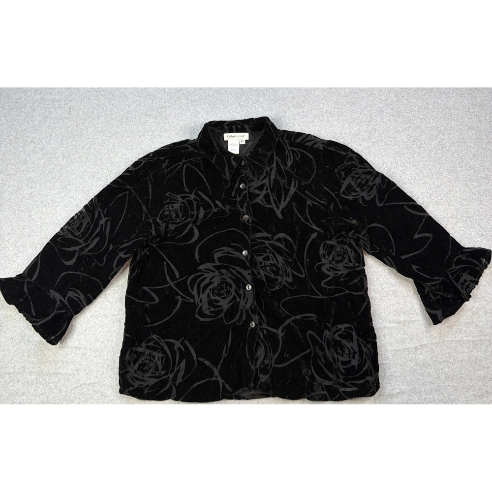 Coldwater Creek Velvet Burnout Button Up Top Petite Large Black Bell Sleeve Rose